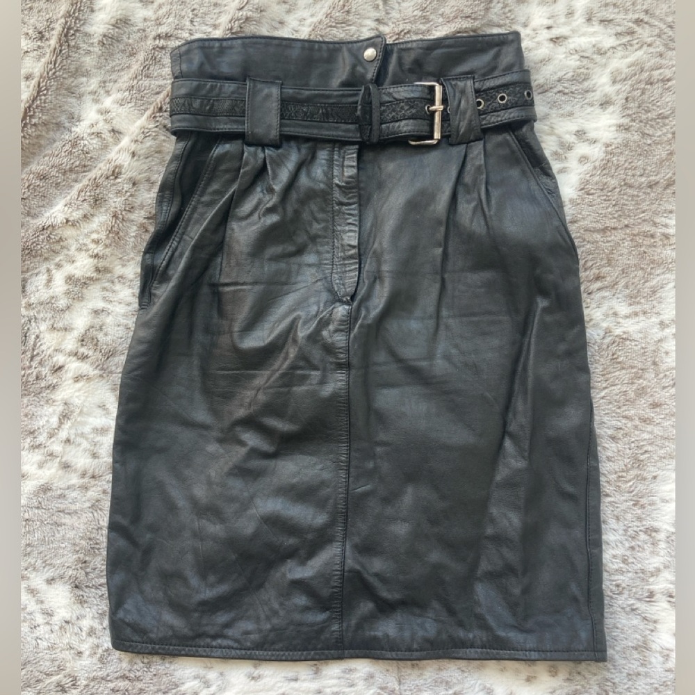 Sexy Belted Black Leather Snake Print 80s Skirt
